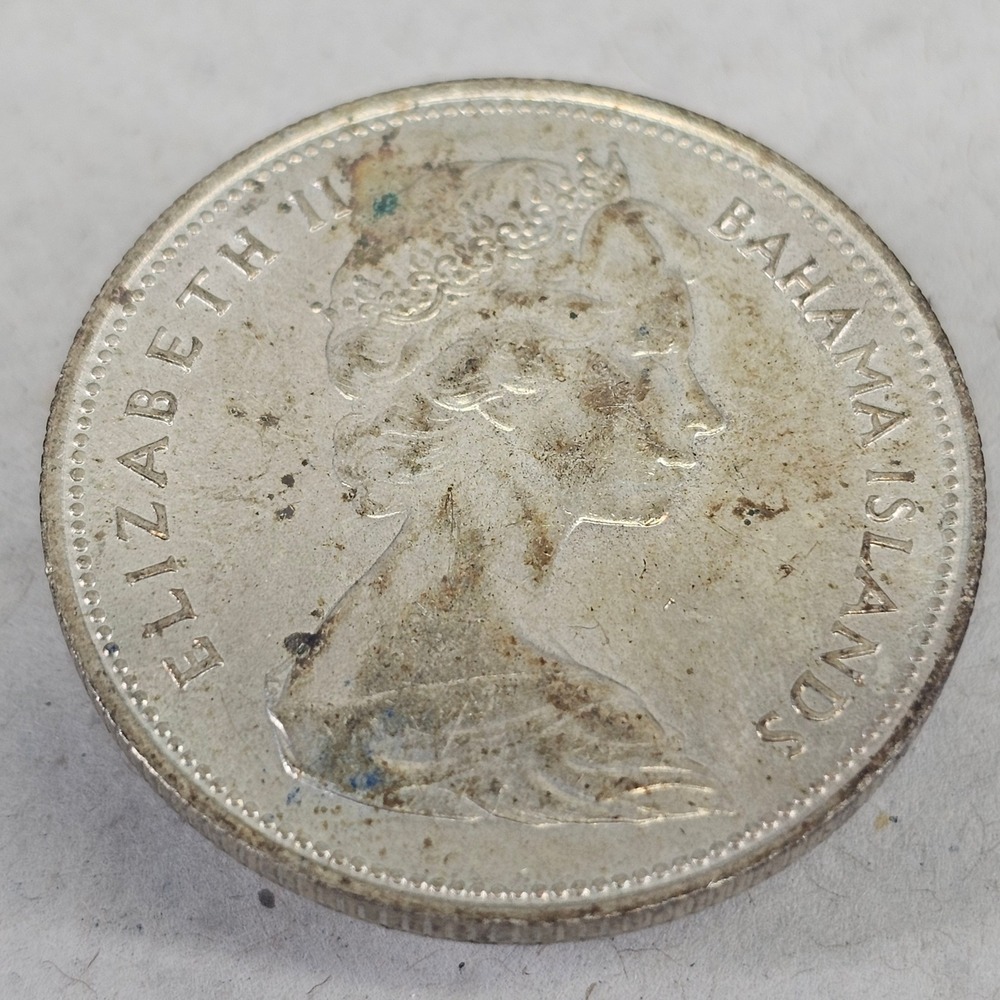 1966 Bahamas Silver Coin 50 Cents UK Queen Elizabeth II and Marlin Fish #3148